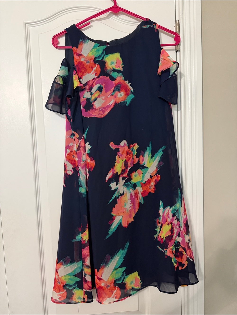 kenzie Black Floral Cold-Shoulder Dress with Neon Pink and Green Print